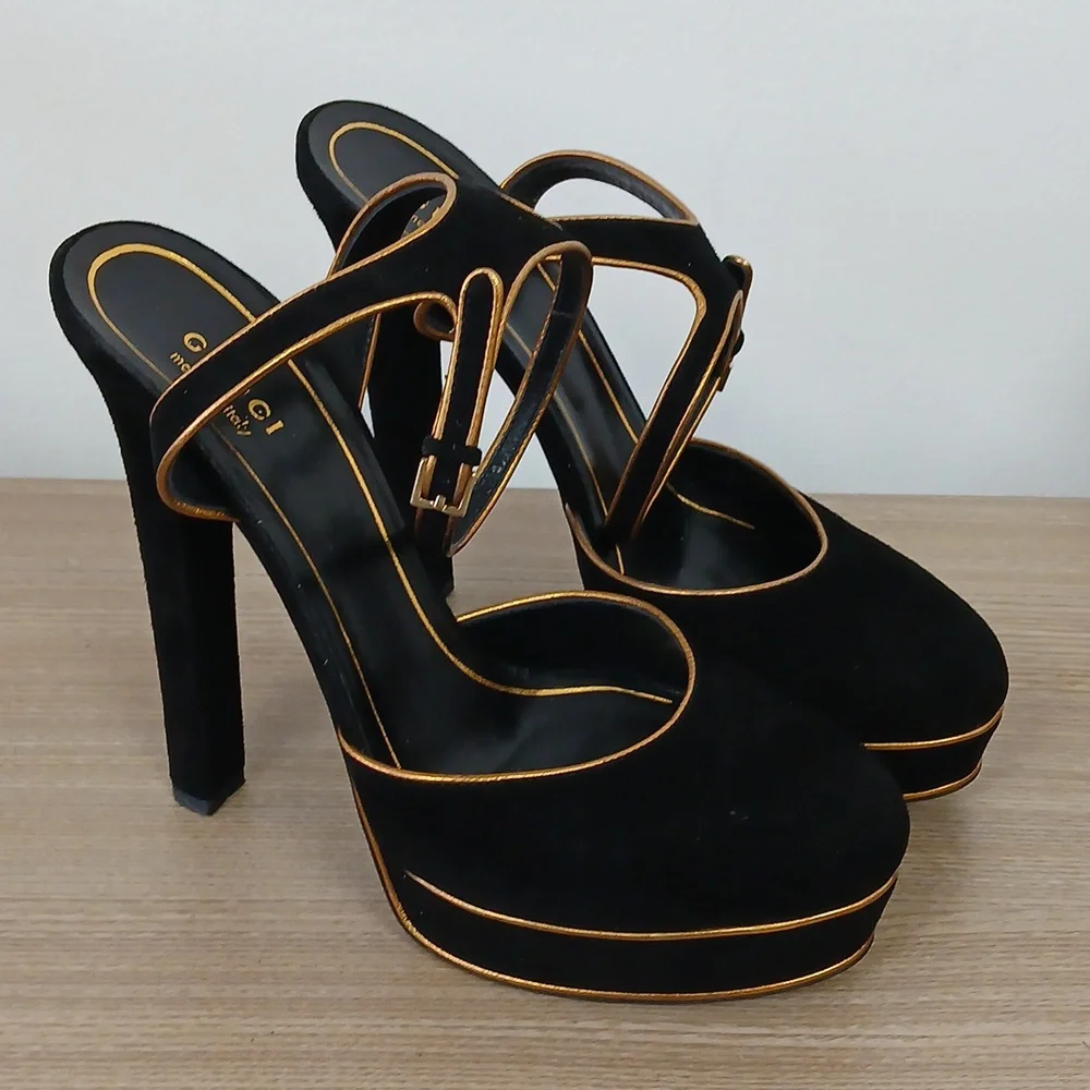 Gucci Black Suede Platform Heels with Gold Trim